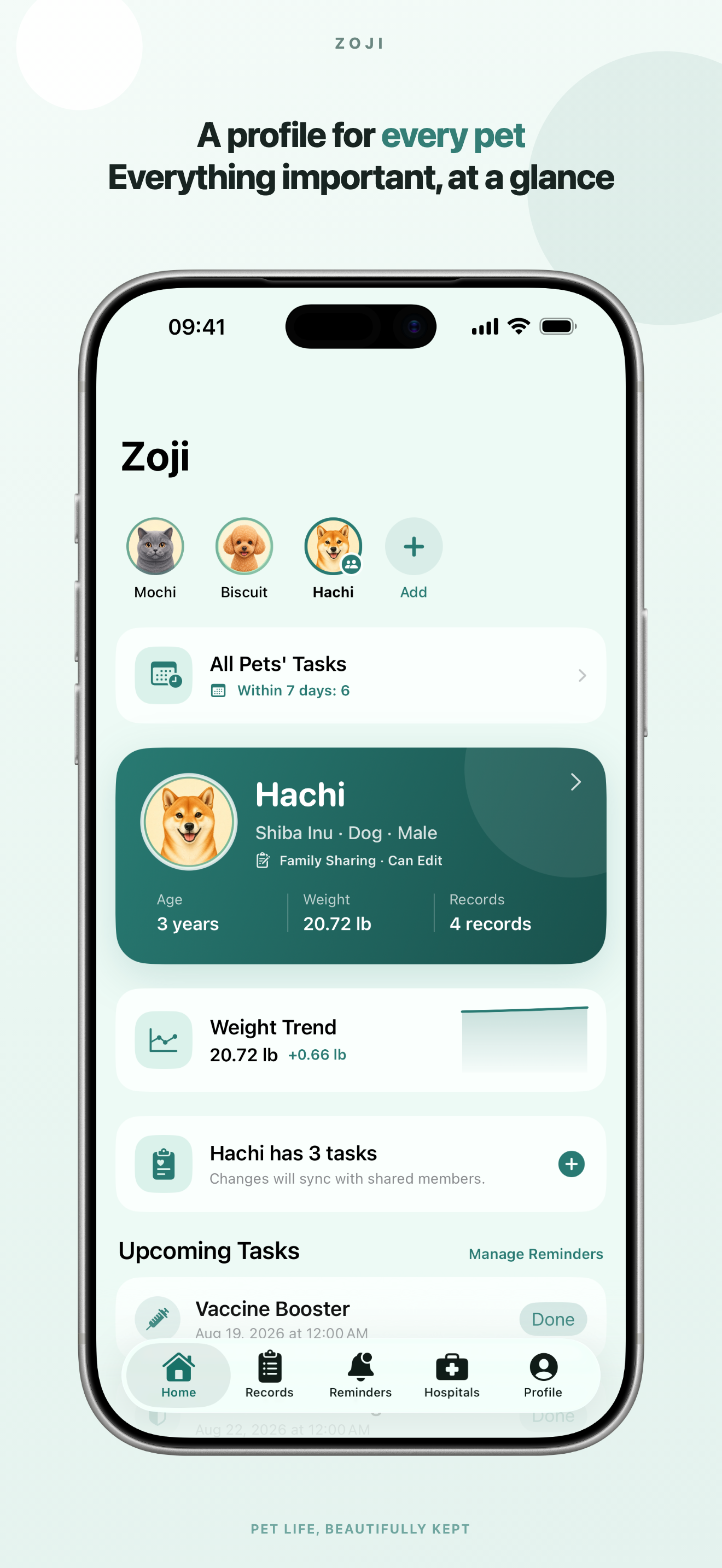 Zoji English App Store screenshot: A profile for every pet