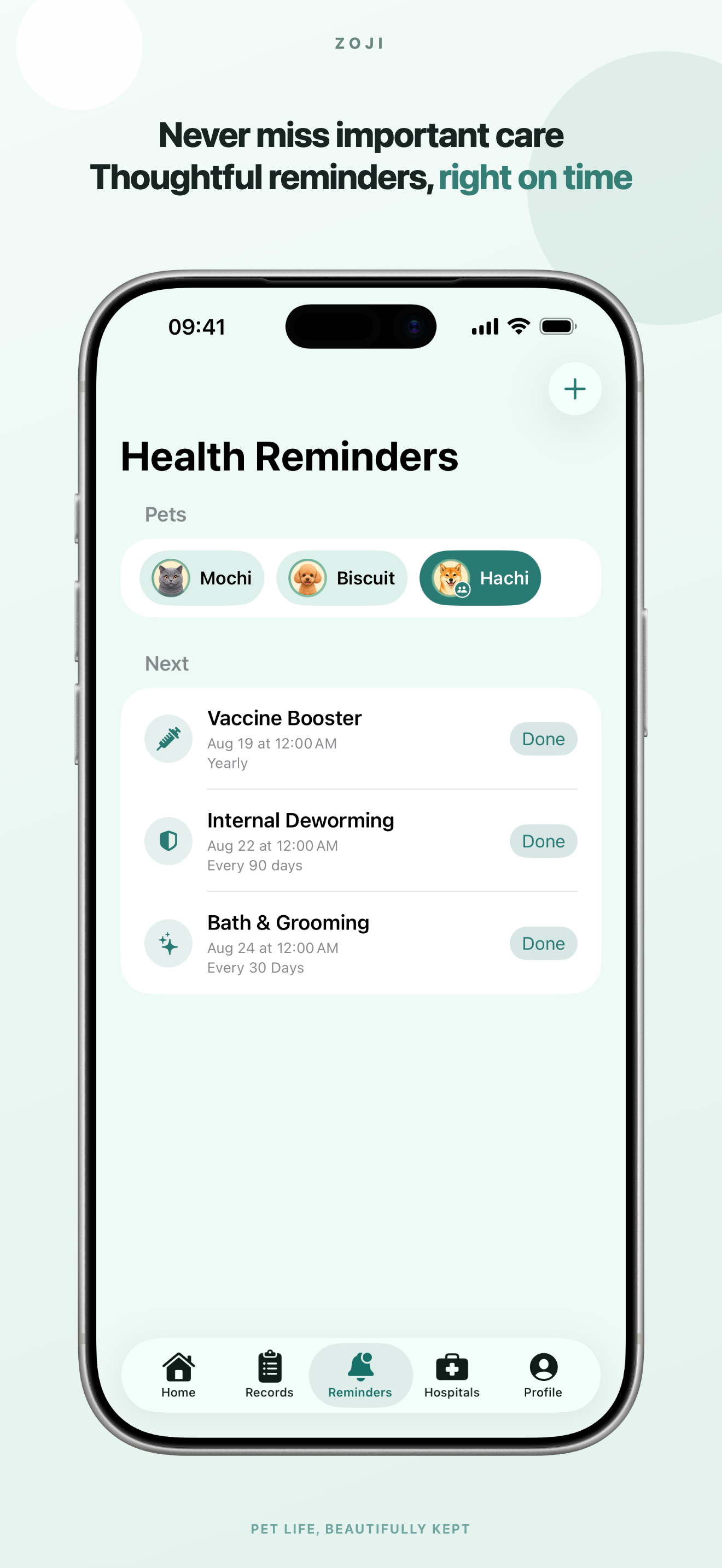 Zoji English App Store screenshot: Care reminders