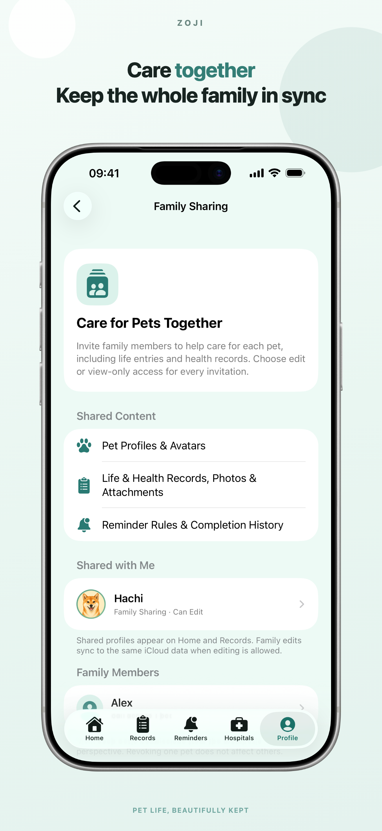 Zoji English App Store screenshot: Care, shared with family