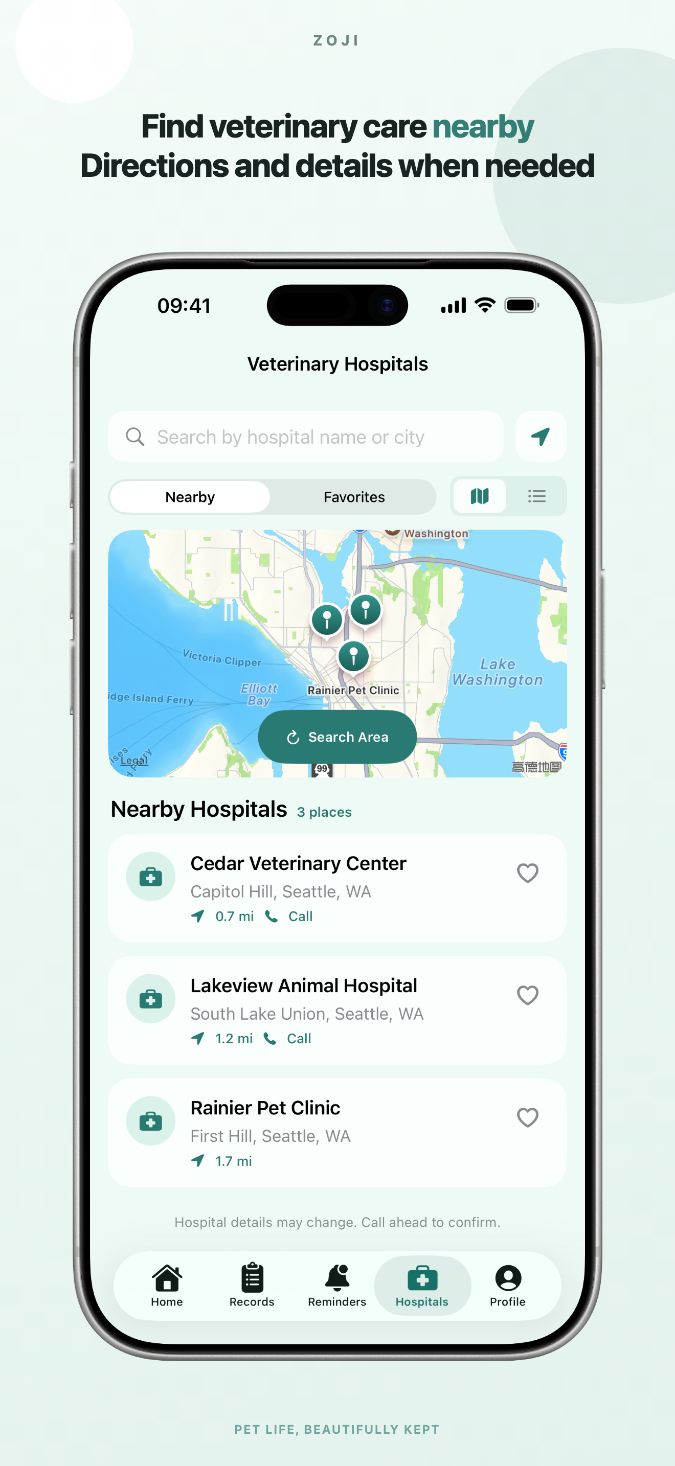Zoji English App Store screenshot: Nearby veterinary care