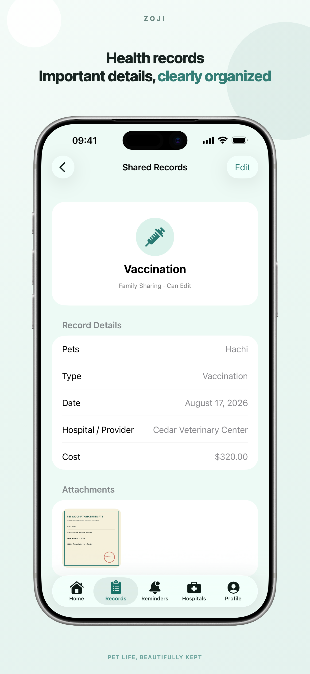 Zoji English App Store screenshot: Health records, organized